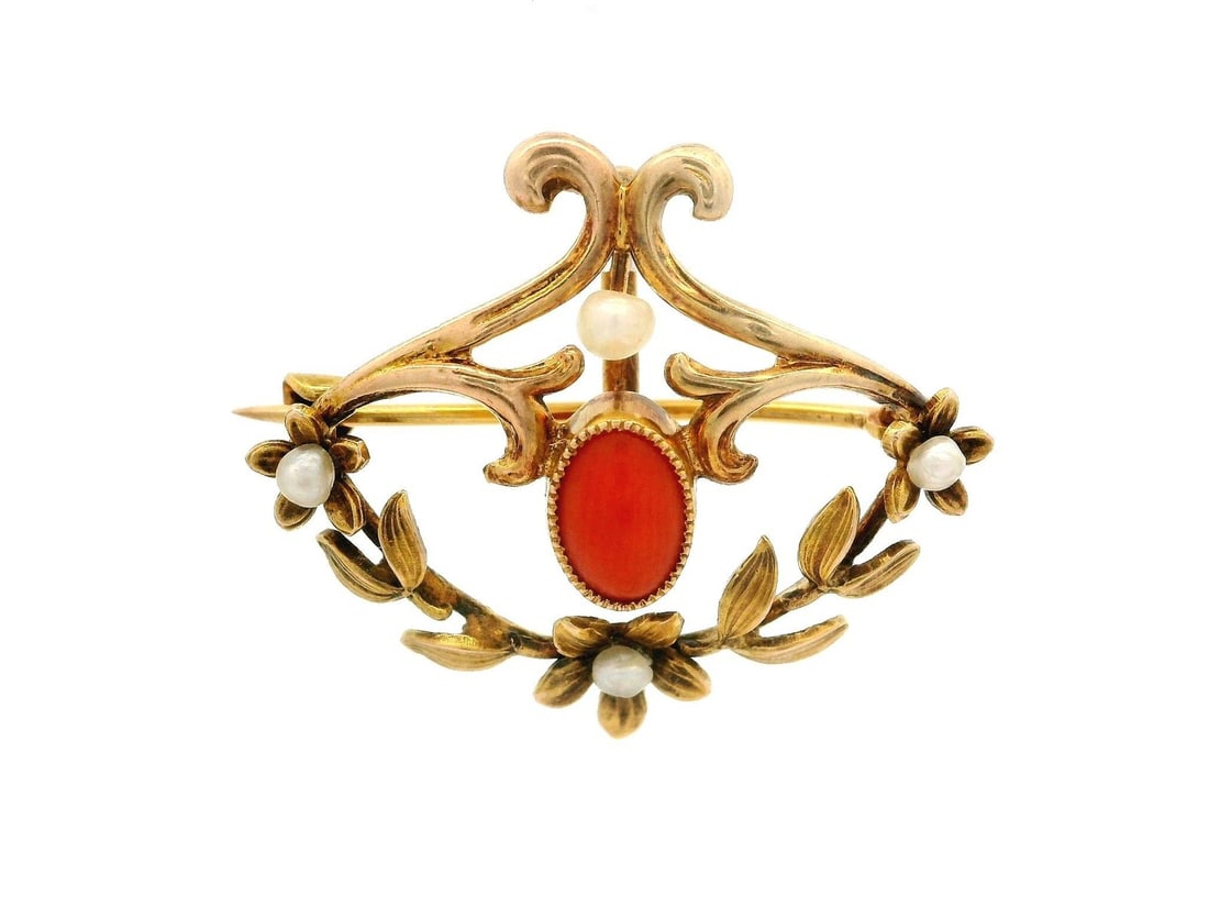 Victorian coral and seed pearl 10k yellow gold brooch pendant: Victorian coral and seed pearl 10k yellow gold brooch pendant Antique Victorian brooch pendant crafted in solid 10k yellow gold, featuring a natural orange coral cabochon accented by four natural seed