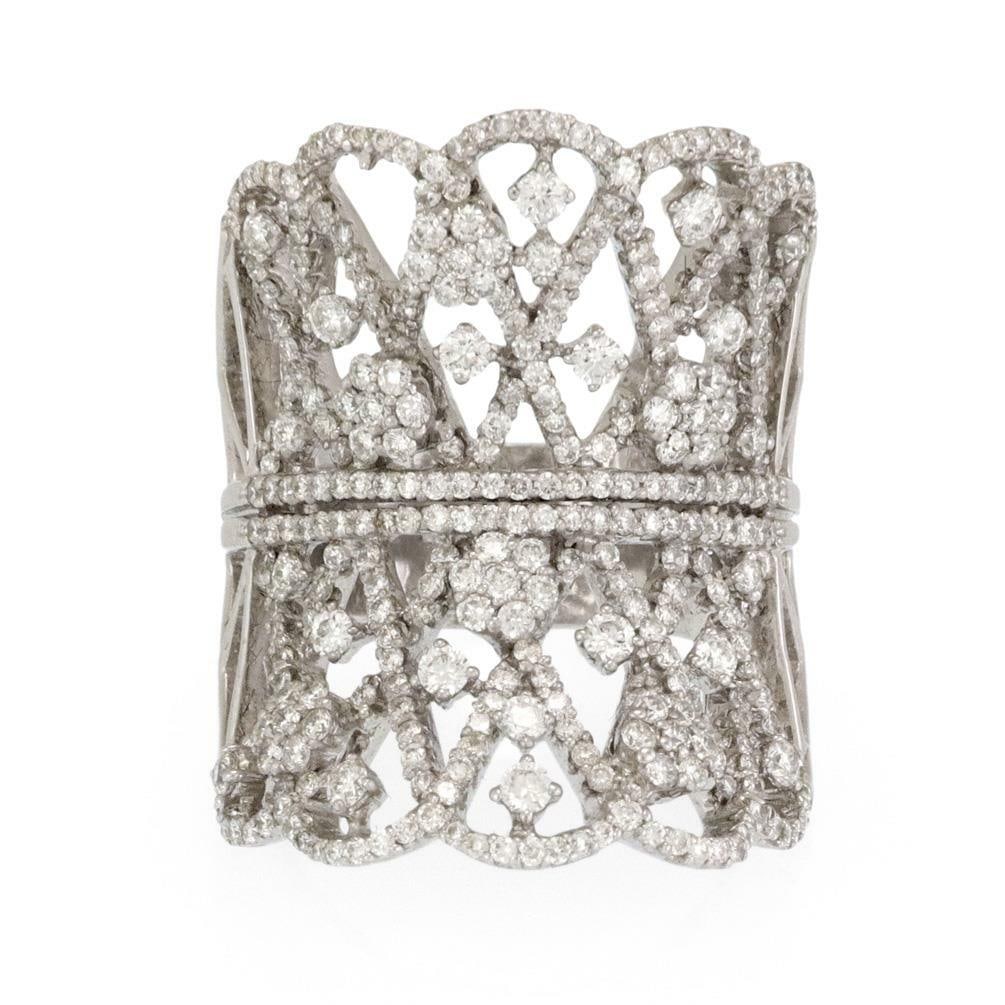 18k White Gold Diamond Lattice Ring Size 10.5: 18k White Gold Diamond Lattice Ring Size 10.5 This striking ring showcases a bold, deep concave design crafted from 18k white gold. The top features a long, wide, and deeply contoured shape adorned wi