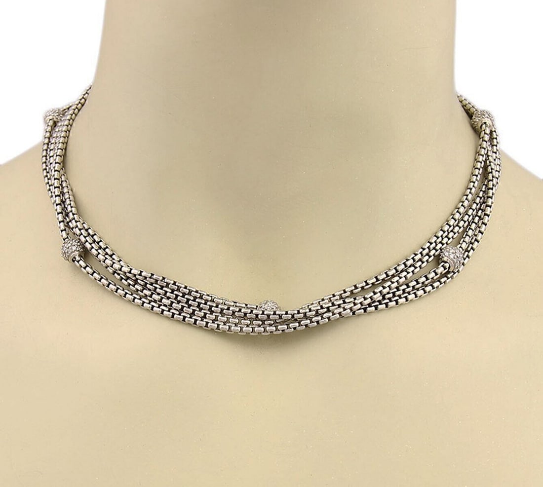 David Yurman Diamond Choker Necklace Sterling Silver 18k Gold Box Chain (1 of 5)