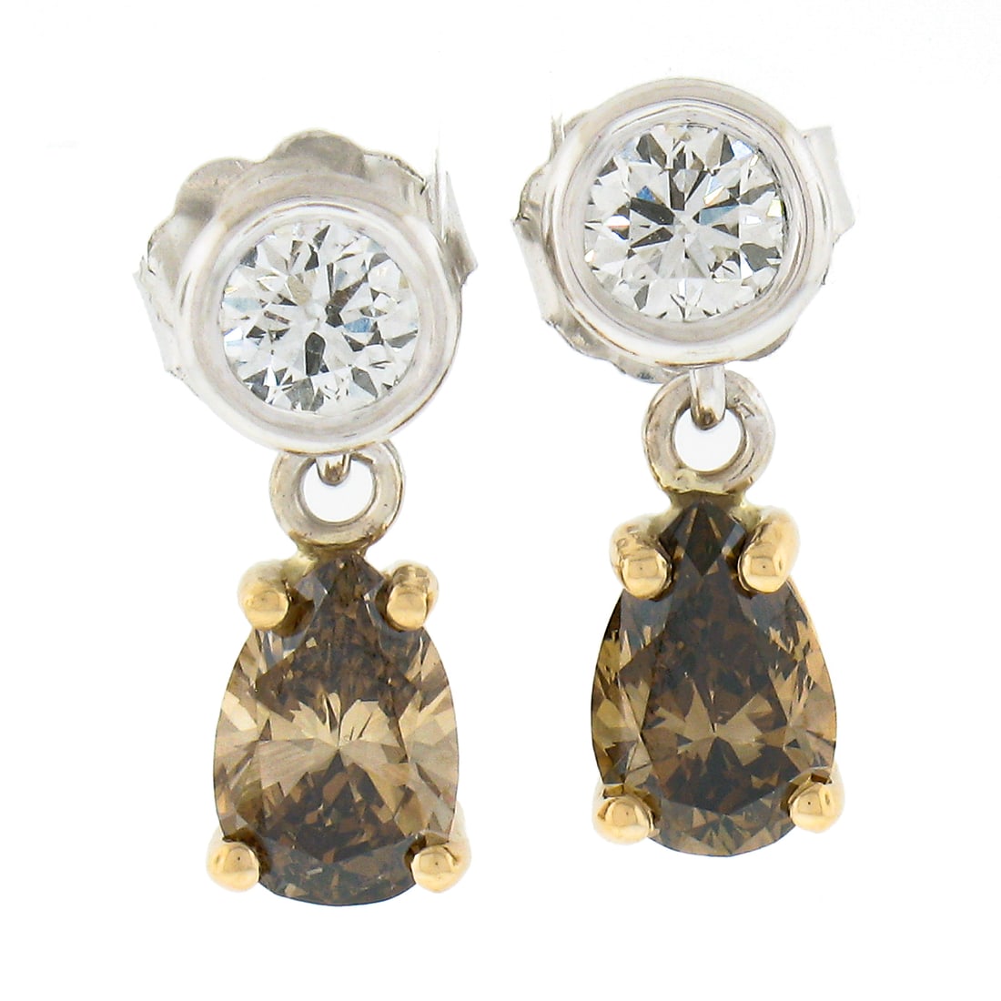 14K Two Tone Gold 1.42ctw Fancy Brown White Diamond Teardrop Dangle Earrings (1 of 5)