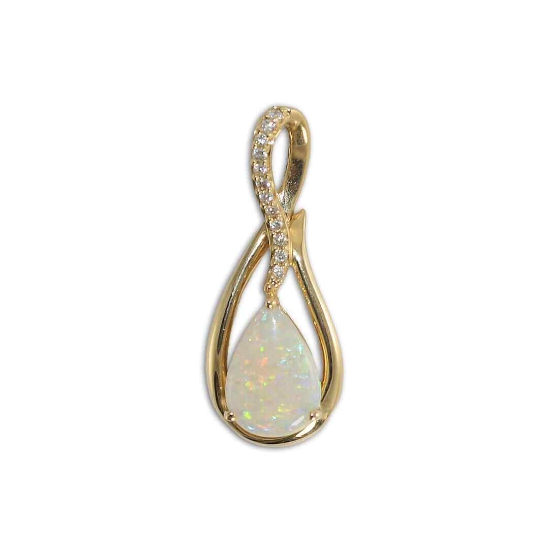 14K Yellow Gold Opal Diamond Drop Pendant: 14K Yellow Gold Opal Diamond Drop Pendant This pendant features a pear-shaped natural opal displaying blue, green, and red hues, set in 14k yellow gold. Accented with round brilliant diamonds totaling