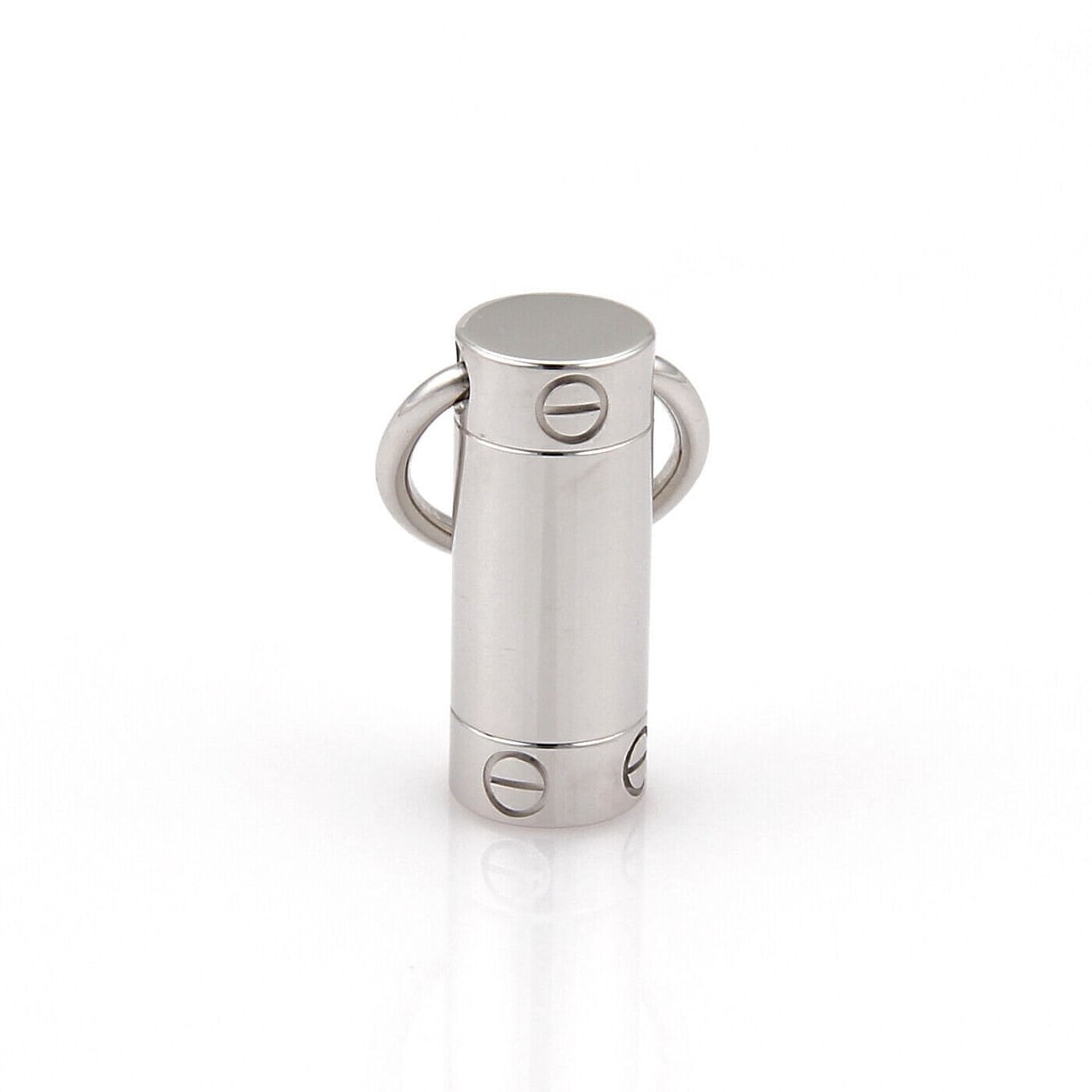 Cartier Love Cylindrical Charm Pendant in 18k White Gold: Cartier Love Cylindrical Charm Pendant in 18k White Gold Pre-owned Cartier Love cylindrical charm pendant crafted in 18k white gold with the collection's signature screw motif. This signed fine jewelr