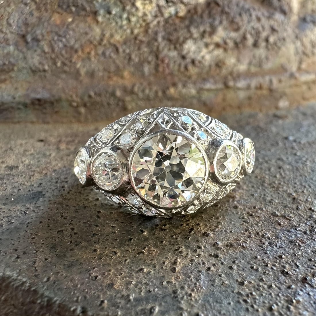 Edwardian platinum bezel diamond engagement ring 3.1ctw size 6: Edwardian platinum bezel diamond engagement ring 3.1ctw size 6 This antique Edwardian engagement ring features a total of approximately 3.1 carats of natural, old European and single cut diamonds set 