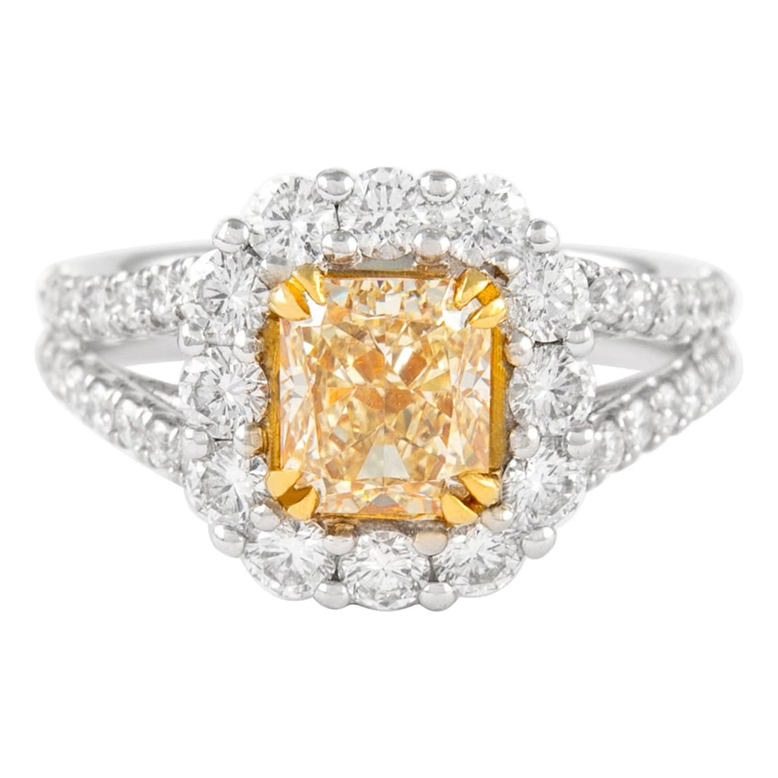 1.52ct Fancy Intense Yellow Diamond Ring 18k Gold EGL Certified: 1.52ct Fancy Intense Yellow Diamond Ring 18k Gold EGL Certified This exquisite 1.52ct Fancy Intense Yellow VS2 Radiant Diamond Ring is a stunning example of contemporary jewelry design. Crafted from 1