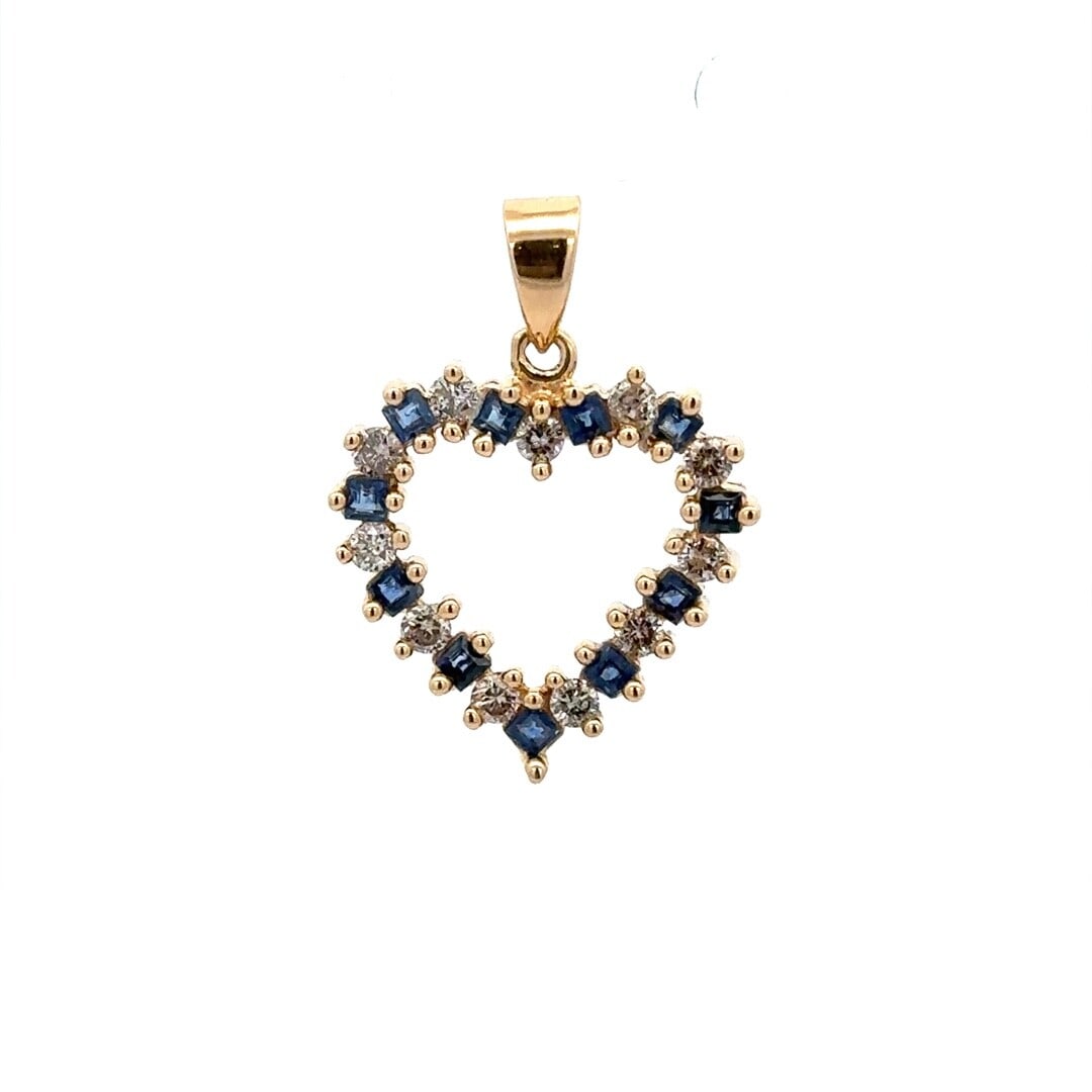 Estate Classic 14K Yellow Gold Diamond Sapphire Heart Pendant Charm: Estate Classic 14K Yellow Gold Diamond Sapphire Heart Pendant Charm This exquisite Estate Classic Open Heart Charm Pendant is crafted from solid 14K yellow gold and features a stunning combination of 