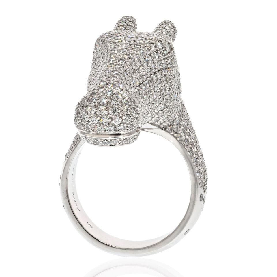 Hermes Galop Horse Ring in 18K White Gold with 4 Carat Diamonds Size 56: Hermes Galop Horse Ring in 18K White Gold with 4 Carat Diamonds Size 56 This estate ring by Hermes features an elegant horse design from the "Galop" collection. Crafted in 18K white gold, the ring is 