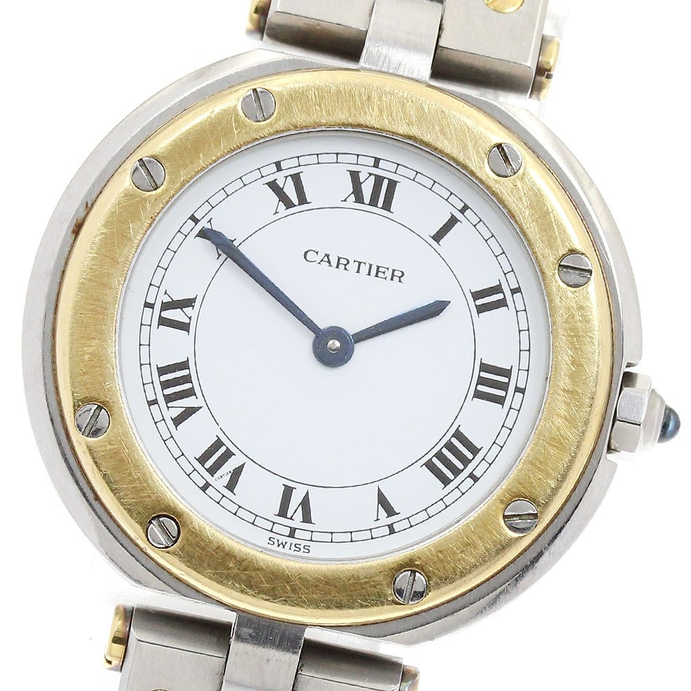 Cartier Santos Round SM Ladies Quartz Watch White Dial YG Bezel: Cartier Santos Round SM Ladies Quartz Watch White Dial YG Bezel Cartier Santos Round SM ladies wristwatch with a white dial and quartz movement. This pre-owned Swiss-made watch has a stainless steel a