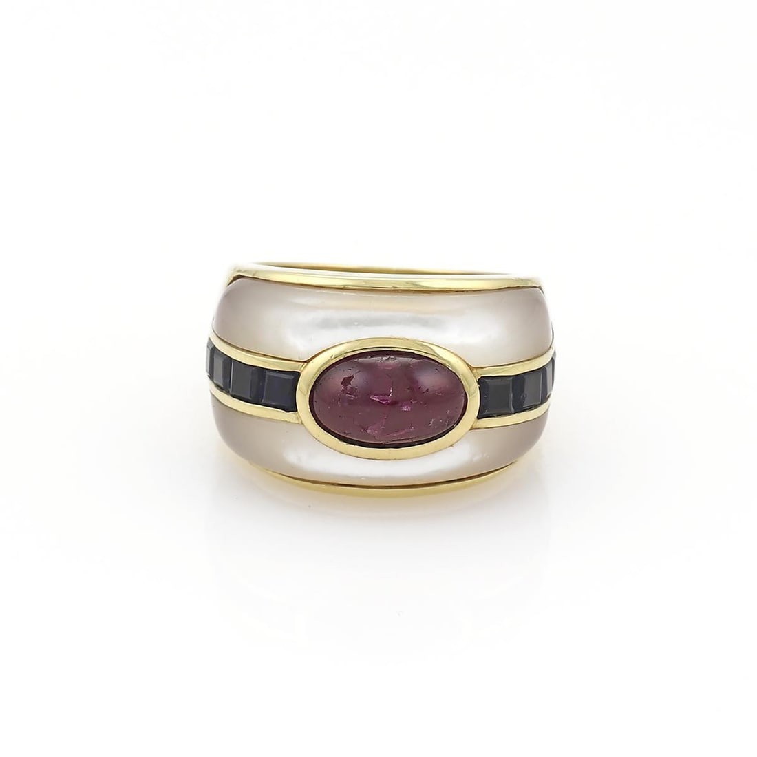 KYL 18k Yellow Gold Dome Ring Ruby Sapphire MOP Size 6: KYL 18k Yellow Gold Dome Ring Ruby Sapphire MOP Size 6 This stunning designer signed KYL dome ring is a luxurious piece crafted from 18k yellow gold, showcasing a polished finish that enhances its ele