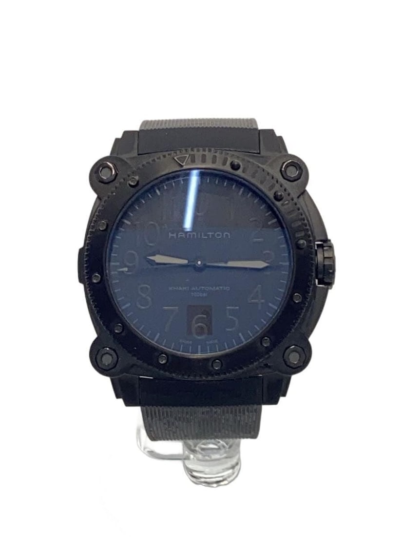 Hamilton Khaki Below Zero black rubber men's wristwatch: Hamilton Khaki Below Zero black rubber men's wristwatch This is a pre-owned Hamilton Khaki Below Zero men's wristwatch, featuring a black rubber band and a robust case. The watch shows slight signs of