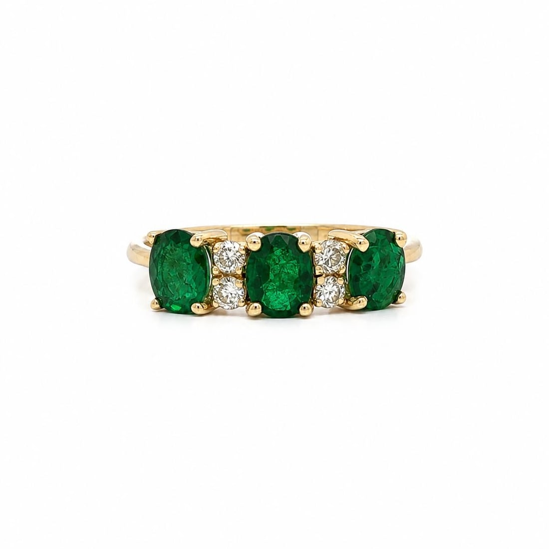 Unbranded 14k Yellow Gold Emerald Diamond Band Ring 1.02ctw: Unbranded 14k Yellow Gold Emerald Diamond Band Ring 1.02ctw Pre-owned women's band ring crafted in solid 14K yellow gold, featuring an alternating design of natural oval emeralds and round brilliant c