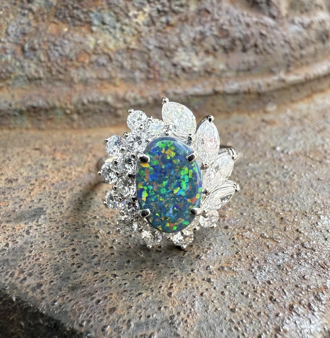 GIA Certified Platinum Black Opal Diamond Cluster Ring Size 6.5 (1 of 13)