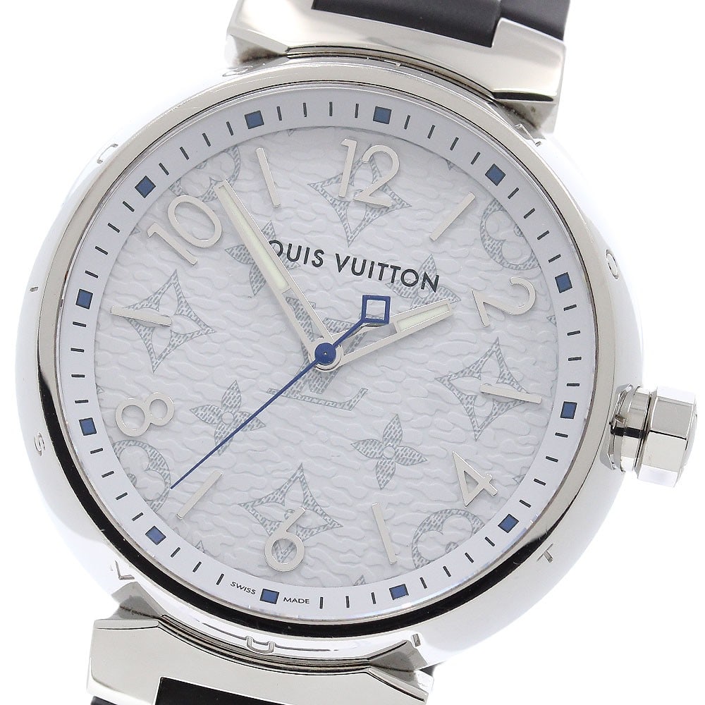Louis Vuitton Tambour GM QA114 mens quartz wristwatch: Louis Vuitton Tambour GM QA114 mens quartz wristwatch Louis Vuitton Tambour GM men's wristwatch, model QA114, with a quartz movement and white dial. It features a stainless steel case, rubber belt/bra