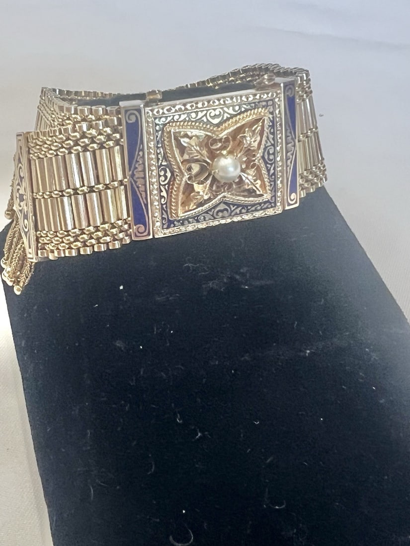 14K Enamel Pearl Victorian Revival Signed Bracelet: 14K Enamel Pearl Victorian Revival Signed Bracelet This exquisite Victorian Revival bracelet features 14k enameled gold adorned with pearls. Showcasing exceptional detail and craftsmanship, the bracel