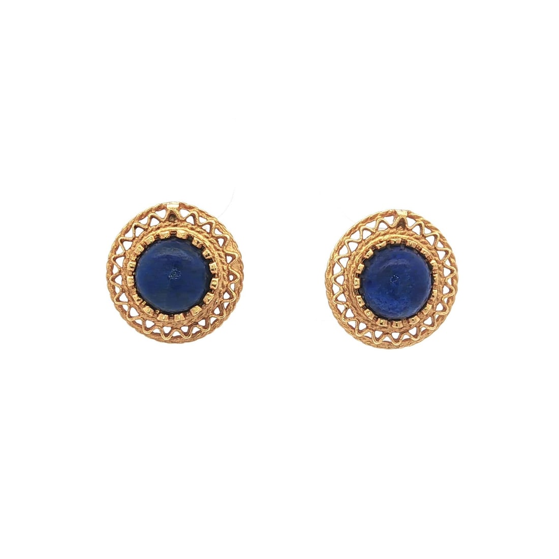 Vintage 14k Gold Stud Earrings with Natural Lapis Lazuli Cabochon: Vintage 14k Gold Stud Earrings with Natural Lapis Lazuli Cabochon These vintage handmade stud earrings feature exquisite round cabochon lapis lazuli stones, each measuring approximately 5.9mm. The nat