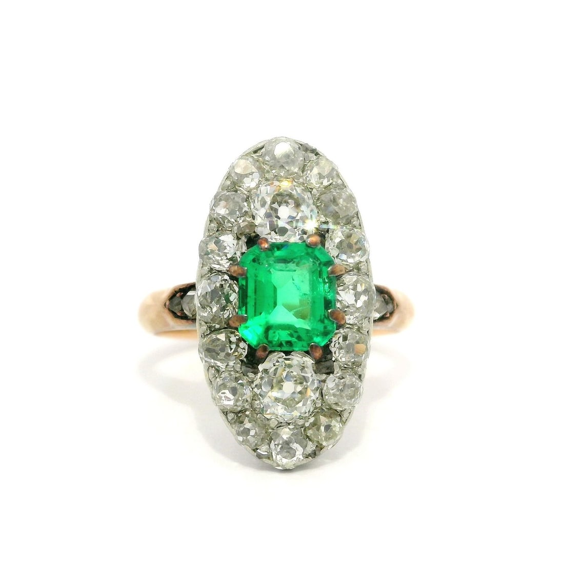 18k Gold Platinum Top Navette Ring GIA Colombian Emerald Diamond Antique French: 18k Gold Platinum Top Navette Ring GIA Colombian Emerald Diamond Antique French Antique French navette cocktail ring featuring a natural Colombian emerald accented by natural diamonds in a solid 18k y
