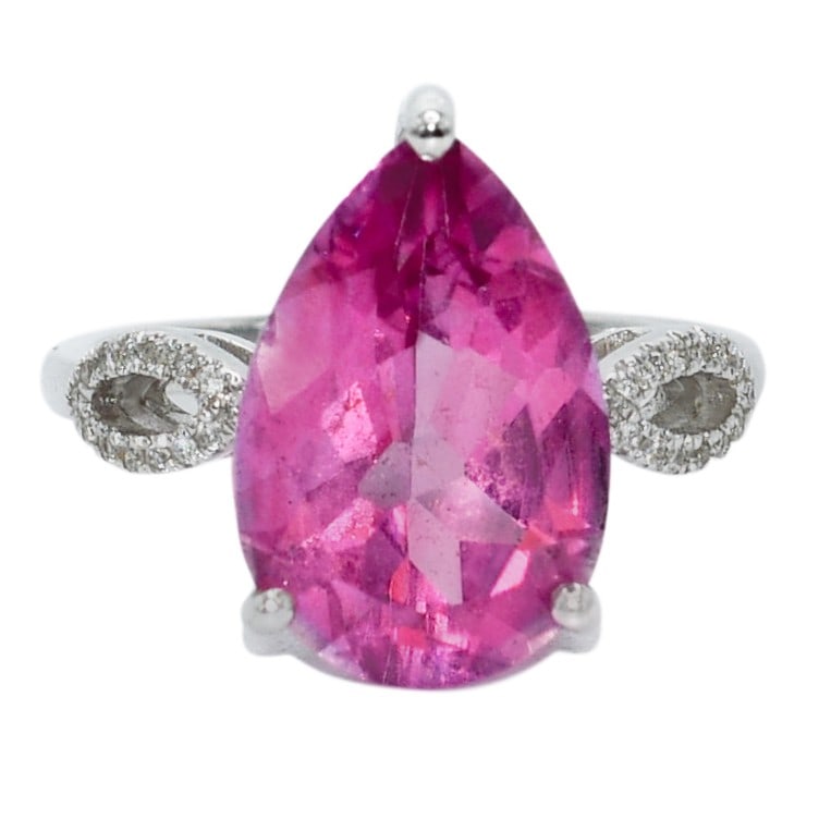 Pear Pink Topaz Diamond Cocktail Ring 14K White Gold Size 6.25 (1 of 7)