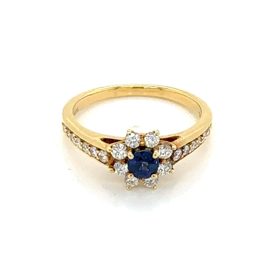 Tiffany & Co. 18k Yellow Gold Ring with Diamond and Sapphire Size 6.5: Tiffany & Co. 18k Yellow Gold Ring with Diamond and Sapphire Size 6.5 Authentic Tiffany & Co. diamond and sapphire ring crafted in 18k yellow gold. This original fine jewelry piece features natural di