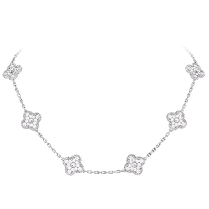 Van Cleef Arpels Vintage Alhambra 10 Motif Diamond Necklace 18K White Gold 18in: Van Cleef Arpels Vintage Alhambra 10 Motif Diamond Necklace 18K White Gold 18in Van Cleef & Arpels Vintage Alhambra 10-Motif necklace in 18k white gold with diamonds. The necklace measures 18 in and f