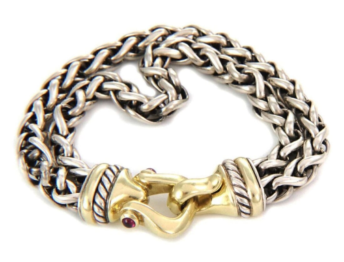 David Yurman Double Chain Bracelet Sterling Silver 14k Gold Pink Tourmaline: David Yurman Double Chain Bracelet Sterling Silver 14k Gold Pink Tourmaline Pre-owned David Yurman double chain bracelet featuring a natural cabochon pink tourmaline centerpiece. Crafted in sterling s