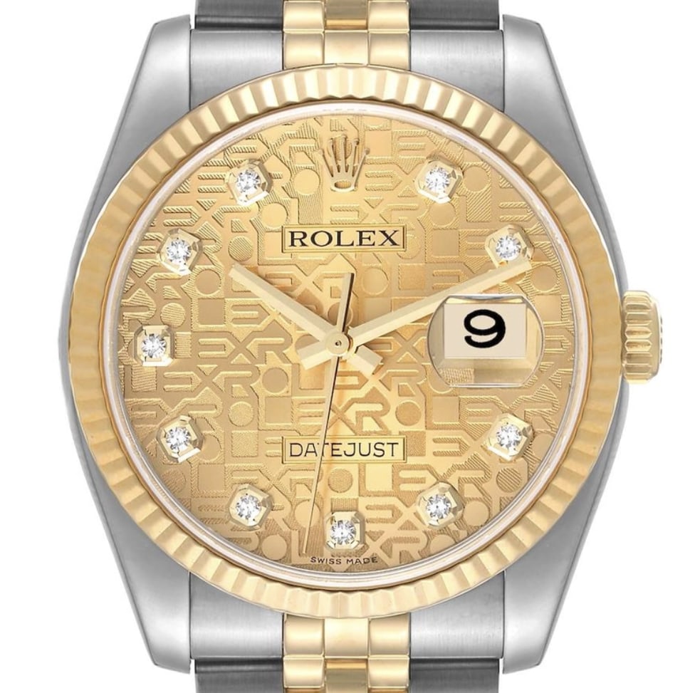 Rolex Datejust 116233 Mens Watch Champagne Diamond Dial Card 2013: Rolex Datejust 116233 Mens Watch Champagne Diamond Dial Card 2013 Rolex Datejust Anniversary Diamond Dial watch, reference 116233, with a fluted bezel and D-Link Jubilee bracelet. It is described as a