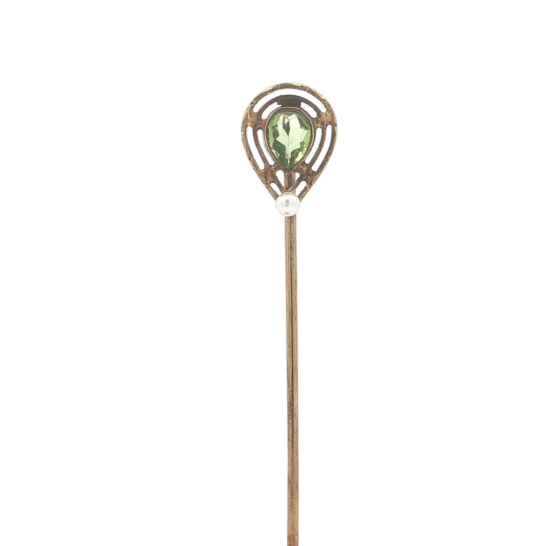 Antique Unbranded 14k Yellow Gold Stick Pin Pear Green Stone Seed Pearl: Antique Unbranded 14k Yellow Gold Stick Pin Pear Green Stone Seed Pearl Antique stick pin crafted in solid 14k yellow gold, featuring a pear-cut green stone in a bezel setting accented by a seed pearl