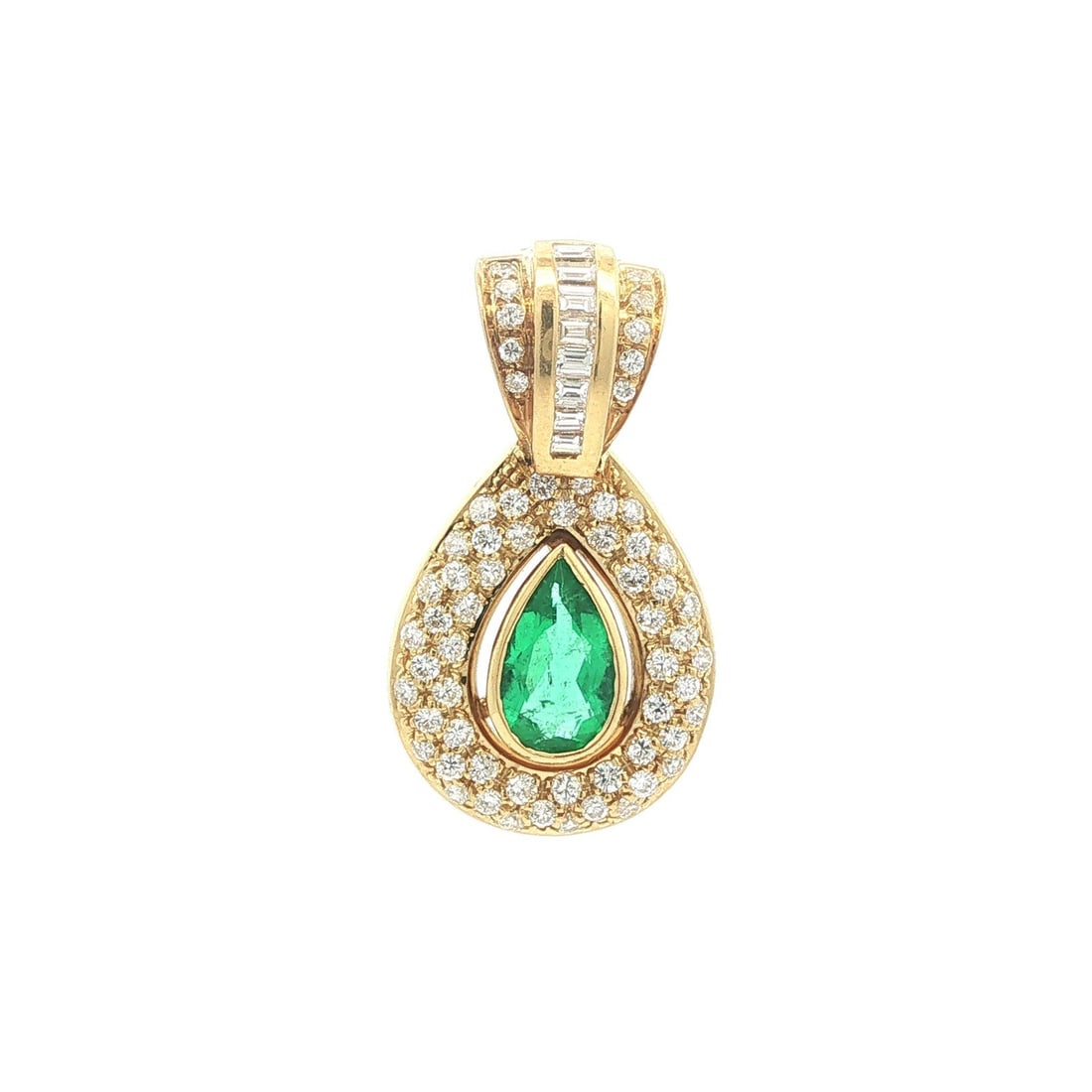 GIA Colombian emerald diamond enhancer pendant 18k yellow gold: GIA Colombian emerald diamond enhancer pendant 18k yellow gold This elegant enhancer pendant features a natural pear-shaped Colombian emerald with a strong, clean green hue, weighing exactly 0.80 cara