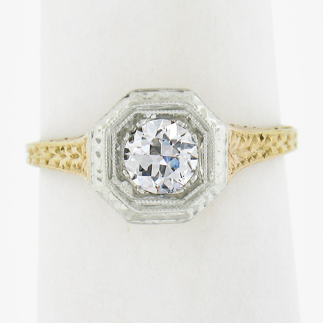 Antique Two Tone Gold Diamond Solitaire Ring 0.40ct Old European Cut (1 of 9)