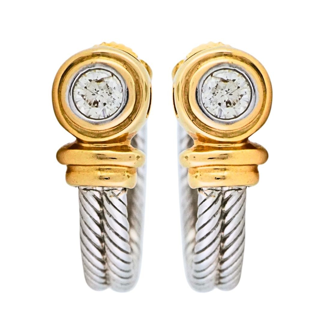 14k Multi Tone Gold J Hook Diamond Earrings: 14k Multi Tone Gold J Hook Diamond Earrings These elegant earrings are crafted from 14k yellow and white gold and feature a J-curve design. Each earring is set with round brilliant cut natural diamond