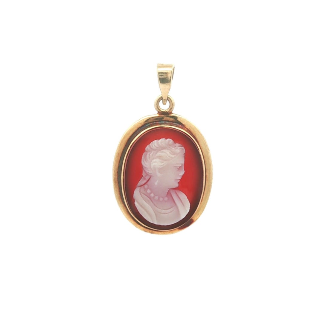 Unbranded Vintage Lady Portrait Hardstone Cameo 14k Yellow Gold Pendant: Unbranded Vintage Lady Portrait Hardstone Cameo 14k Yellow Gold Pendant Vintage bezel-set hardstone cameo pendant featuring a lady portrait carving in solid 14k yellow gold. The cameo has a dark orang