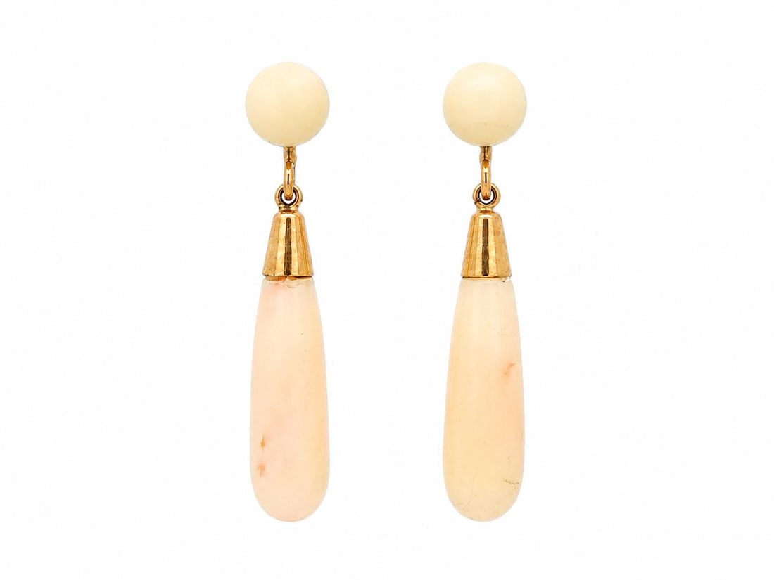 Unbranded Angel Skin Coral Dangle Earrings in 13-14K Yellow Gold: Unbranded Angel Skin Coral Dangle Earrings in 13-14K Yellow Gold Vintage dangle drop earrings featuring natural angel skin coral in a light pink color, set in solid yellow gold. Designed with screw ba