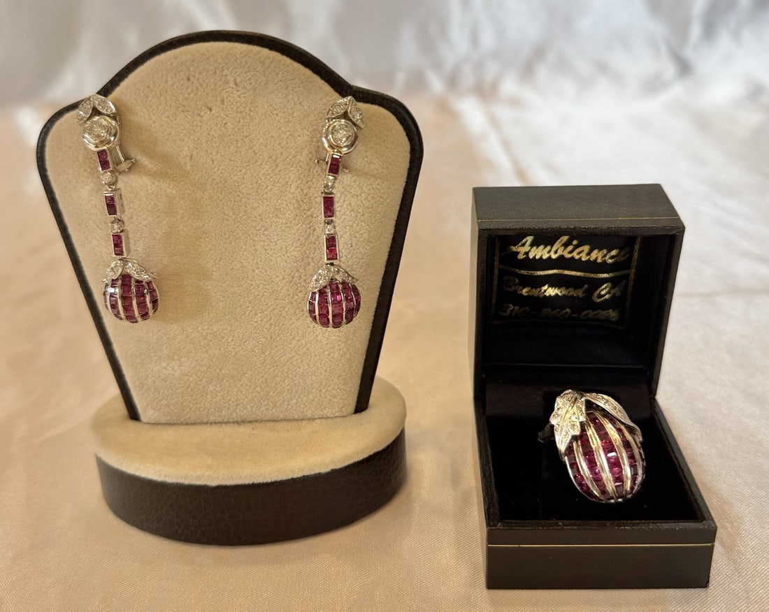 14k White Gold Diamond Ruby Jewelry Set Ring and Earrings: 14k White Gold Diamond Ruby Jewelry Set Ring and Earrings This exquisite jewelry set features an adjustable ring and a stunning pair of earrings, crafted from a combination of 14k and 10k white gold a