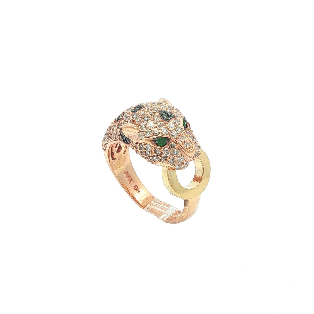 Effy Panther Wrap Ring 14k Rose Yellow Gold Emerald Diamond: Effy Panther Wrap Ring 14k Rose Yellow Gold Emerald Diamond A pre-owned Effy cocktail ring in a panther wrap band design, crafted in solid 14k rose and yellow gold with emerald and pave diamond accent