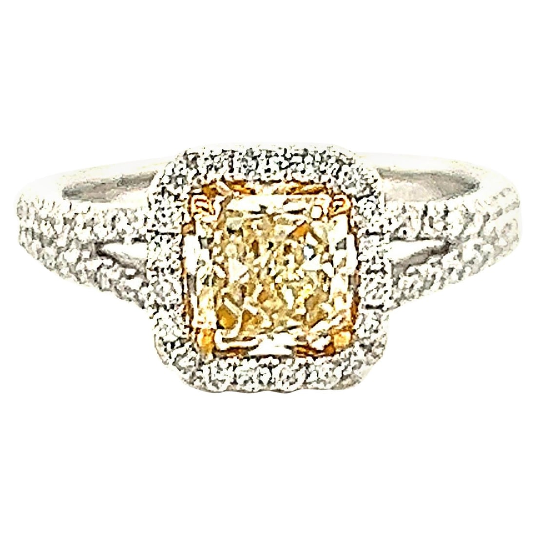1.48ct Fancy Light Yellow Diamond Halo Ring 18k Two-Tone EGL Certified: 1.48ct Fancy Light Yellow Diamond Halo Ring 18k Two-Tone EGL Certified This exquisite 1.48ctt Fancy Light Yellow Cushion Diamond Halo Ring features a stunning EGL certified yellow diamond set in a two