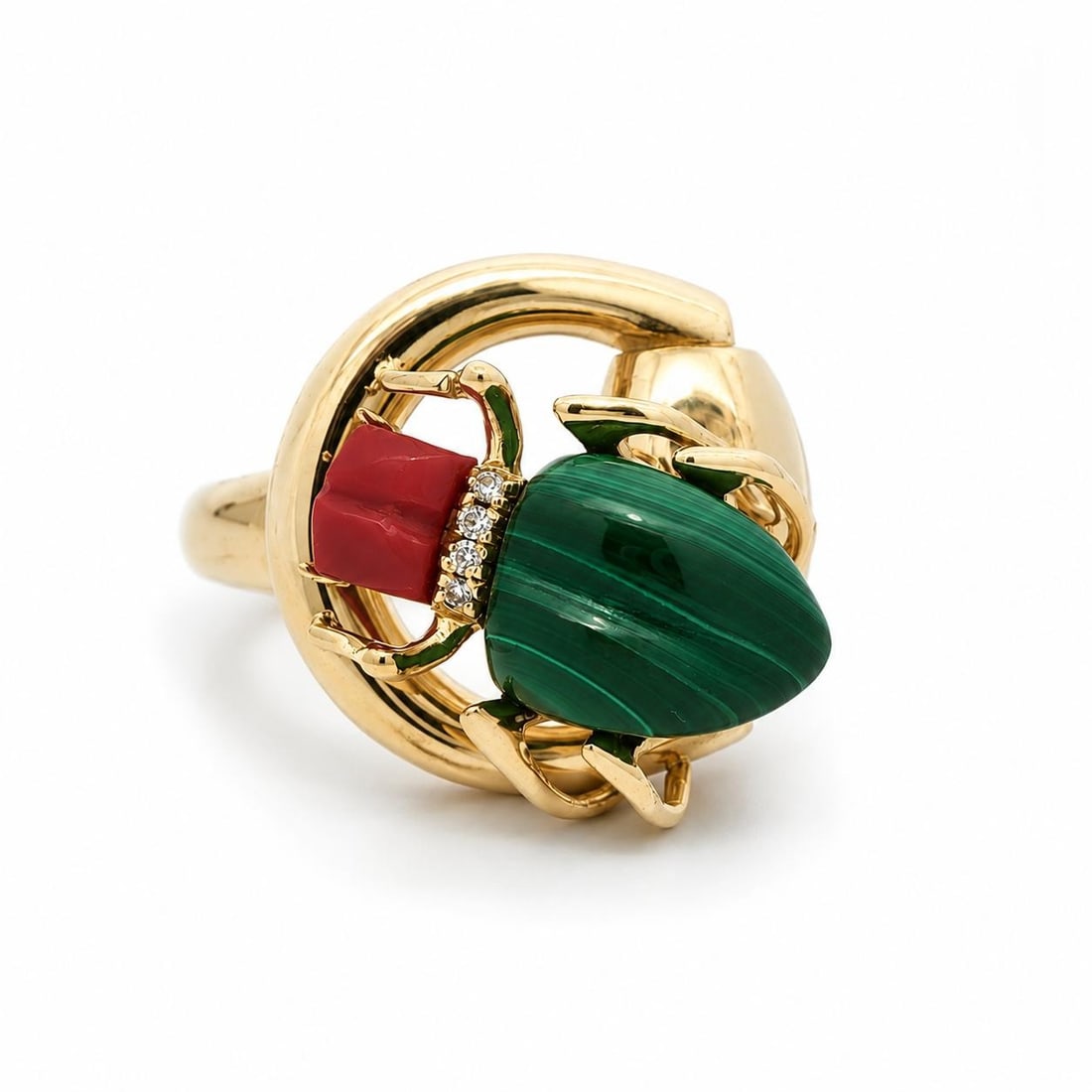 Gucci Horsebit Beetle Cocktail Ring 18k Yellow Gold Malachite Coral Diamond: Gucci Horsebit Beetle Cocktail Ring 18k Yellow Gold Malachite Coral Diamond Gucci Horsebit cocktail ring crafted in 18k yellow gold, featuring a beetle design with natural malachite and coral accented