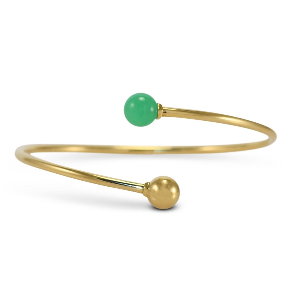 Tiffany & Co Chrysoprase Ball Bypass Bangle Bracelet 18K Yellow Gold: Tiffany & Co Chrysoprase Ball Bypass Bangle Bracelet 18K Yellow Gold Tiffany & Co. ball bypass bangle bracelet in 18k yellow gold, accented with one round green chrysoprase bead. The bracelet features
