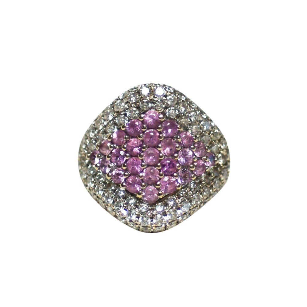 Cocktail Ring 18k Gold Pink Sapphire 1.5tcw Diamond 2.5tcw Size 7.125: Cocktail Ring 18k Gold Pink Sapphire 1.5tcw Diamond 2.5tcw Size 7.125 Custom-made cocktail ring featuring natural pink sapphires and round brilliant cut diamonds in 18k gold. The design combines a whi