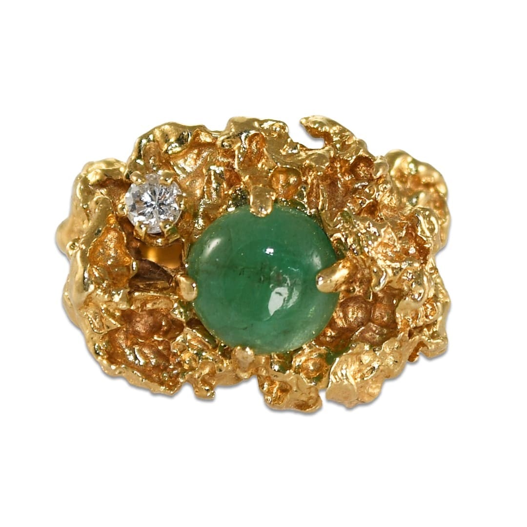 Unbranded 14K Yellow Gold Emerald Diamond Nugget Ring 16.8g: Unbranded 14K Yellow Gold Emerald Diamond Nugget Ring 16.8g Unisex nugget style ring crafted in 14k yellow gold, featuring a natural light green cabochon emerald accented by a round brilliant diamond.