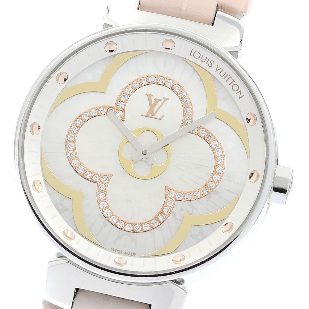 Louis Vuitton Tambour Moon Divine QA019 womens quartz wristwatch: Louis Vuitton Tambour Moon Divine QA019 womens quartz wristwatch Louis Vuitton Tambour Moon Divine Quartz women's wristwatch, model QA019. This pre-owned Swiss-made watch features a stainless steel ca