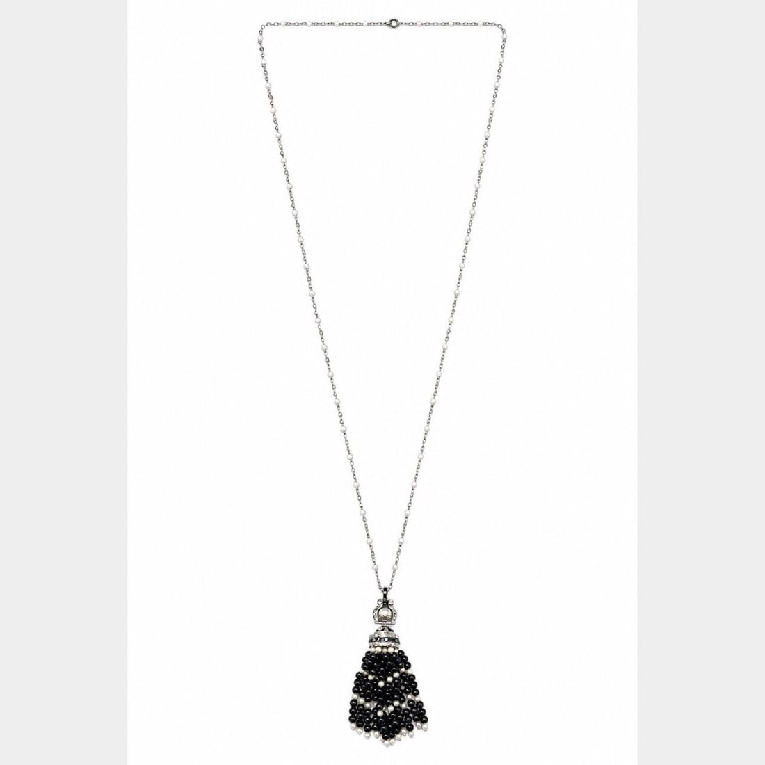 Platinum Art Deco Necklace with Natural Pearls Onyx and Rose Cut Diamonds (1 of 3)