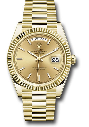 Rolex 228238 Day-Date 40 Mens Watch Champagne Dial President Bracelet: Rolex 228238 Day-Date 40 Mens Watch Champagne Dial President Bracelet Rolex Day-Date 40 wristwatch featuring a champagne index dial, fluted bezel, and President bracelet. This men's watch is reference