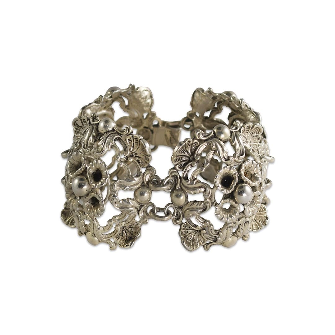 Antique Sterling Silver Floral Bangle Bracelet 6 7/8 Inch (1 of 4)