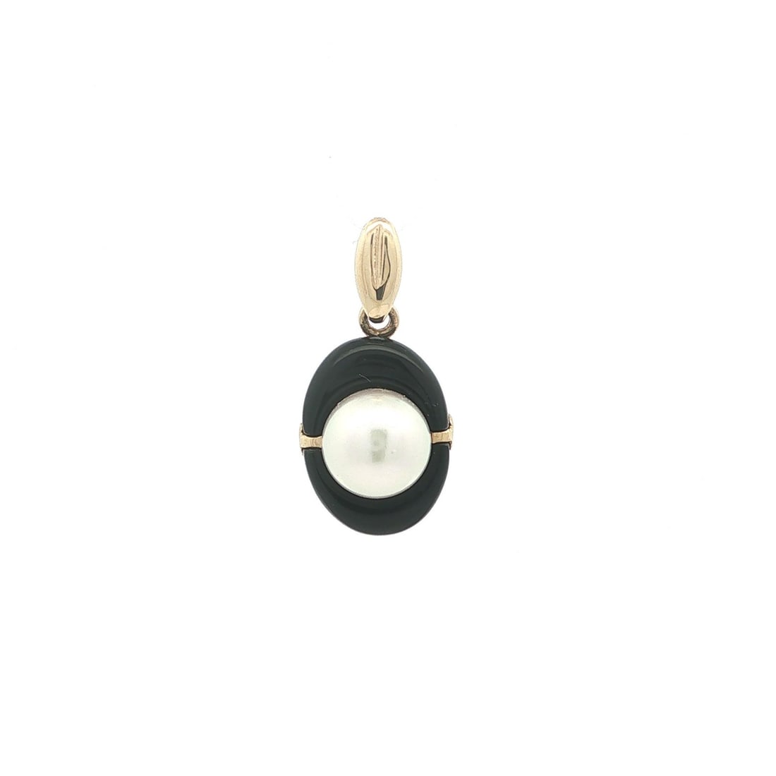 Petite 14k Yellow Gold Charm Pendant with Pearl and Black Onyx: Petite 14k Yellow Gold Charm Pendant with Pearl and Black Onyx Petite charm pendant crafted in 14k solid yellow gold, featuring a white cultured pearl accented by two custom arch cut black onyx stones