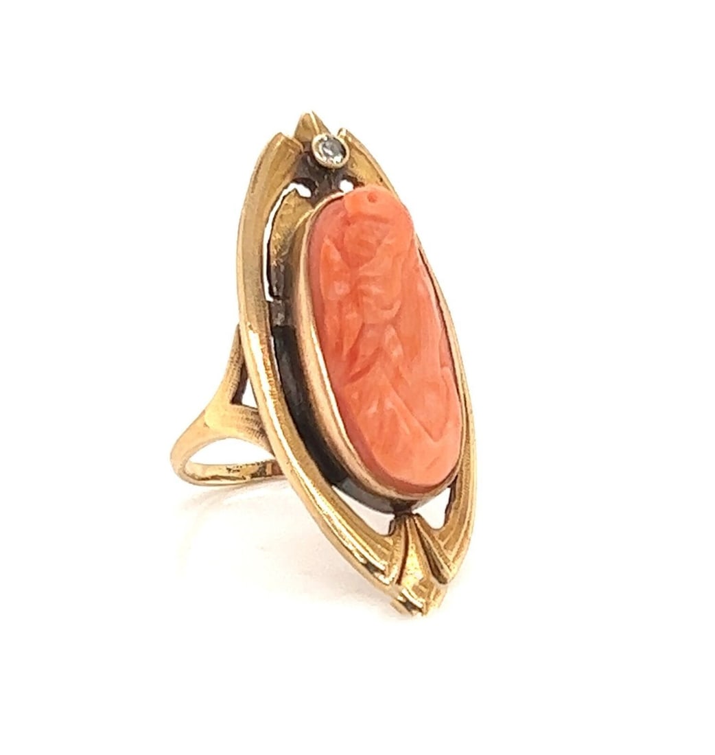 Vintage 14k Yellow Gold Coral Cameo Ring with Diamond Accents Size 6.5: Vintage 14k Yellow Gold Coral Cameo Ring with Diamond Accents Size 6.5 Vintage estate long finger ring crafted in 14k yellow gold, featuring a natural carved coral cameo with diamond accents. The elon