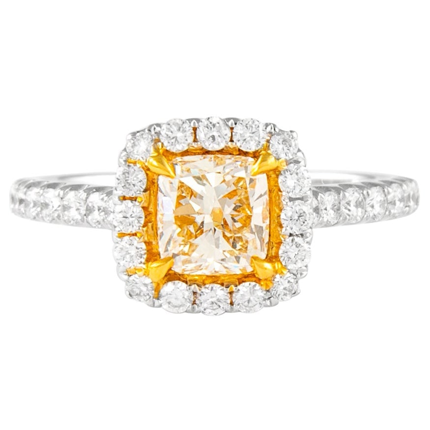 1.51ct Fancy Light Yellow Cushion Diamond Ring 18k Gold EGL Certified: 1.51ct Fancy Light Yellow Cushion Diamond Ring 18k Gold EGL Certified This exquisite 1.51 carat Fancy Light Yellow Cushion Diamond Ring showcases a stunning EGL certified yellow diamond, beautifully f