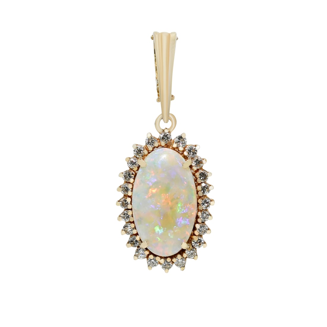 Oval Opal Diamond Pendant in 14K Yellow Gold 0.50 ct: Oval Opal Diamond Pendant in 14K Yellow Gold 0.50 ct This elegant pendant features a solid opal set in 14K yellow gold, accented by round brilliant cut diamonds along the sides. The opal displays a st