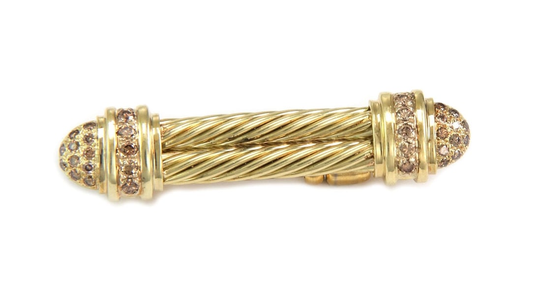 David Yurman 14k Gold Champagne Diamond Double Cable Brooch: David Yurman 14k Gold Champagne Diamond Double Cable Brooch This exquisite authentic tie brooch from David Yurman showcases a stunning design crafted from 14k yellow gold. The piece features a double 