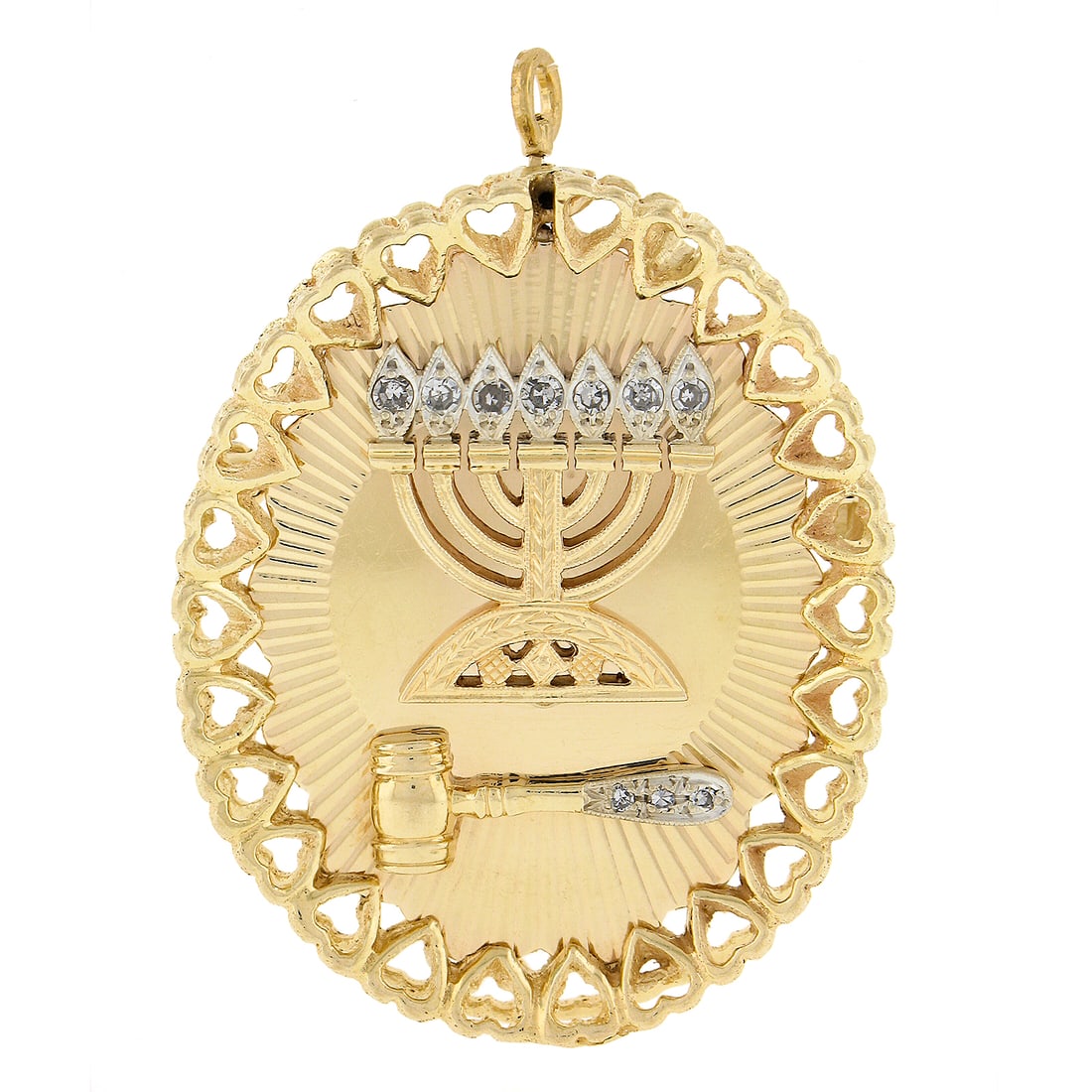Vintage Yellow Gold 0.15ctw Diamond Menorah Brooch with Fluted Design: Vintage Yellow Gold 0.15ctw Diamond Menorah Brooch with Fluted Design This exquisite vintage Menorah pin brooch pendant is crafted from solid 13-14K yellow gold and showcases a beautiful fluted design
