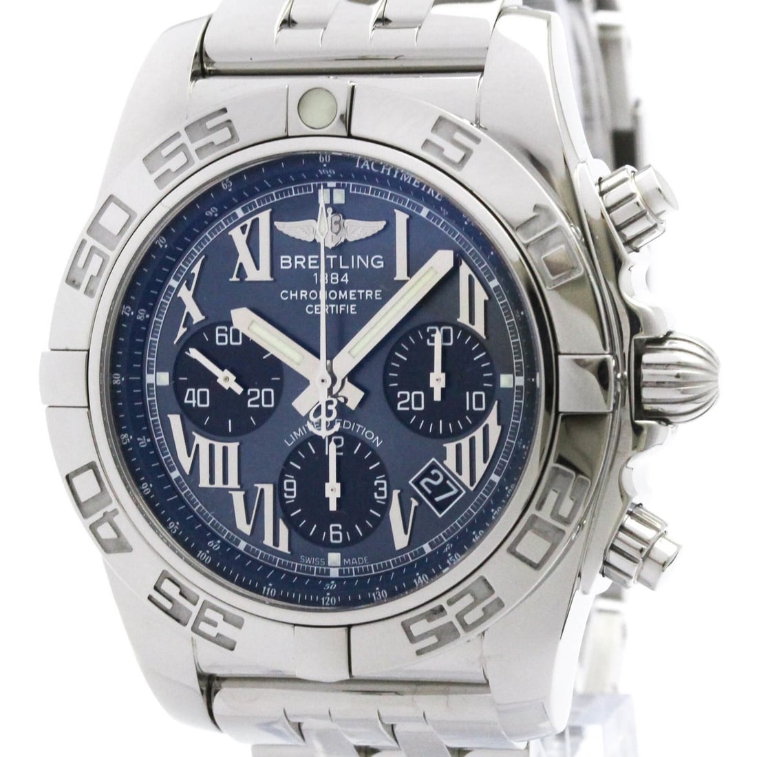 Breitling AB0111 Chronomat 44 mens stainless steel chronograph watch: Breitling AB0111 Chronomat 44 mens stainless steel chronograph watch This pre-owned Breitling Chronomat men's wristwatch is a limited edition model AB0111 from Switzerland. It features a stainless ste