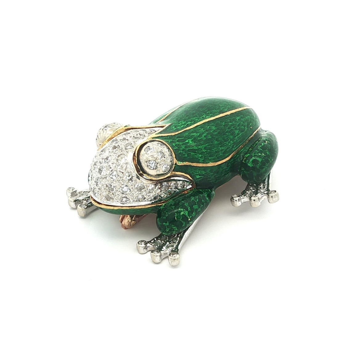 Solid Gold Frog Brooch with Green Enamel and 0.60ct Diamond Accents: Solid Gold Frog Brooch with Green Enamel and 0.60ct Diamond Accents This exquisite frog brooch features a vibrant green enamel finish and is adorned with numerous natural genuine diamonds, showcasing 