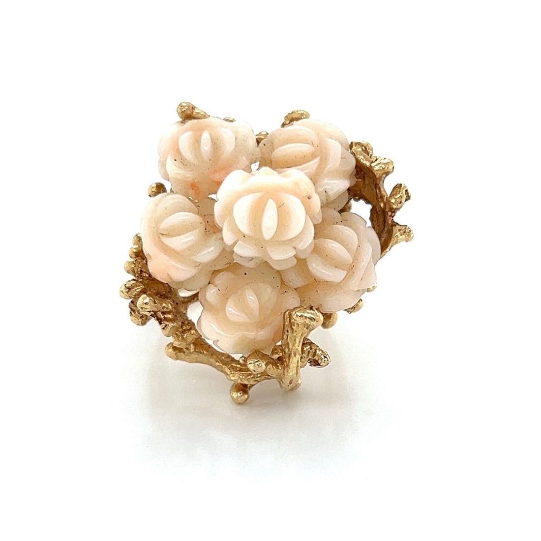 Unbranded 14K Yellow Gold Angel Skin Coral Rose Tree Ring Size 7: Unbranded 14K Yellow Gold Angel Skin Coral Rose Tree Ring Size 7 Vintage estate statement ring crafted in solid 14k yellow gold, featuring a sculptural rose tree-inspired openwork design with natural 